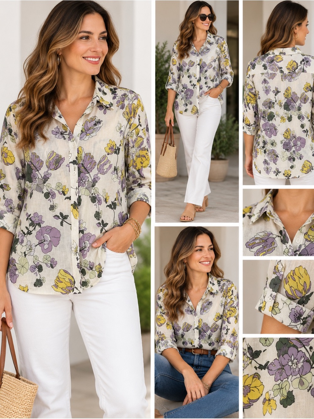 Size L Liz Claiborne Cream Button-Down Shirt with Yellow & Lavender Floral Print